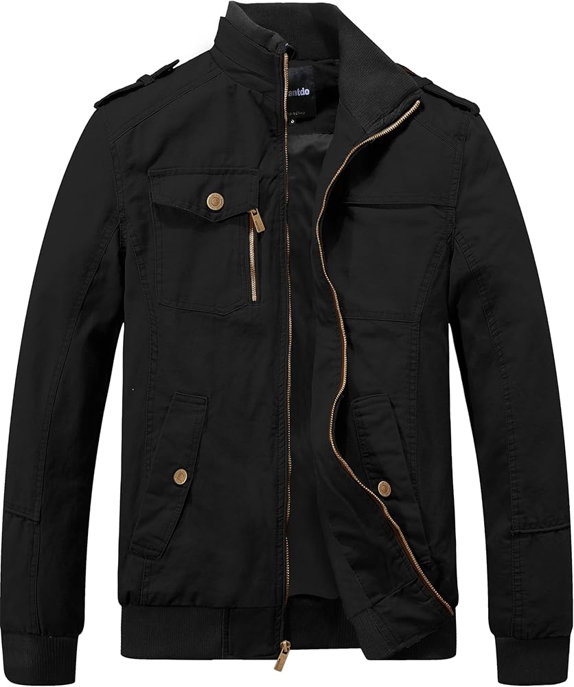wantdo Men's Casual Canvas Cotton Jacket Military Stand Collar